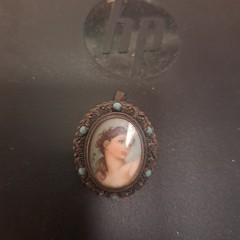 Antique 800 silver miniature portrait painting oval pendant pin turquoise beads