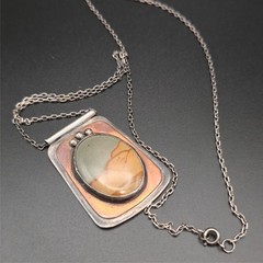 Vintage Artisan Sterling Silver Picture Landscape Jasper Oval Pendant Necklace O