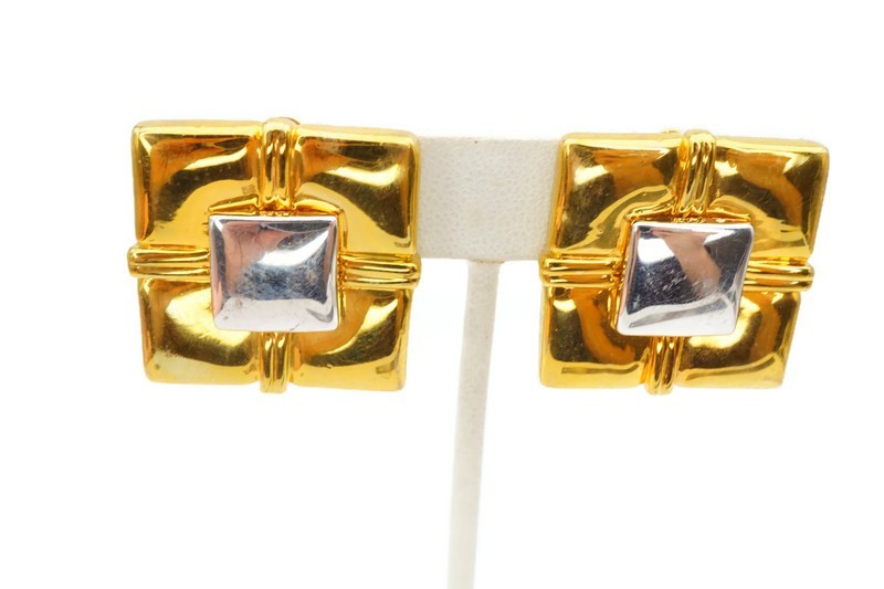 Vintage Clip On Earrings Gold Silver Tone Square