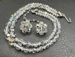 Vintage Aurora Borealis Crystal 2 Double Strand Necklace & Clip-On Earrings Set
