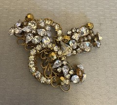 Original by Robert Signed Vintage Brooch Gold Filigree Rhinestone Pearl Beaded