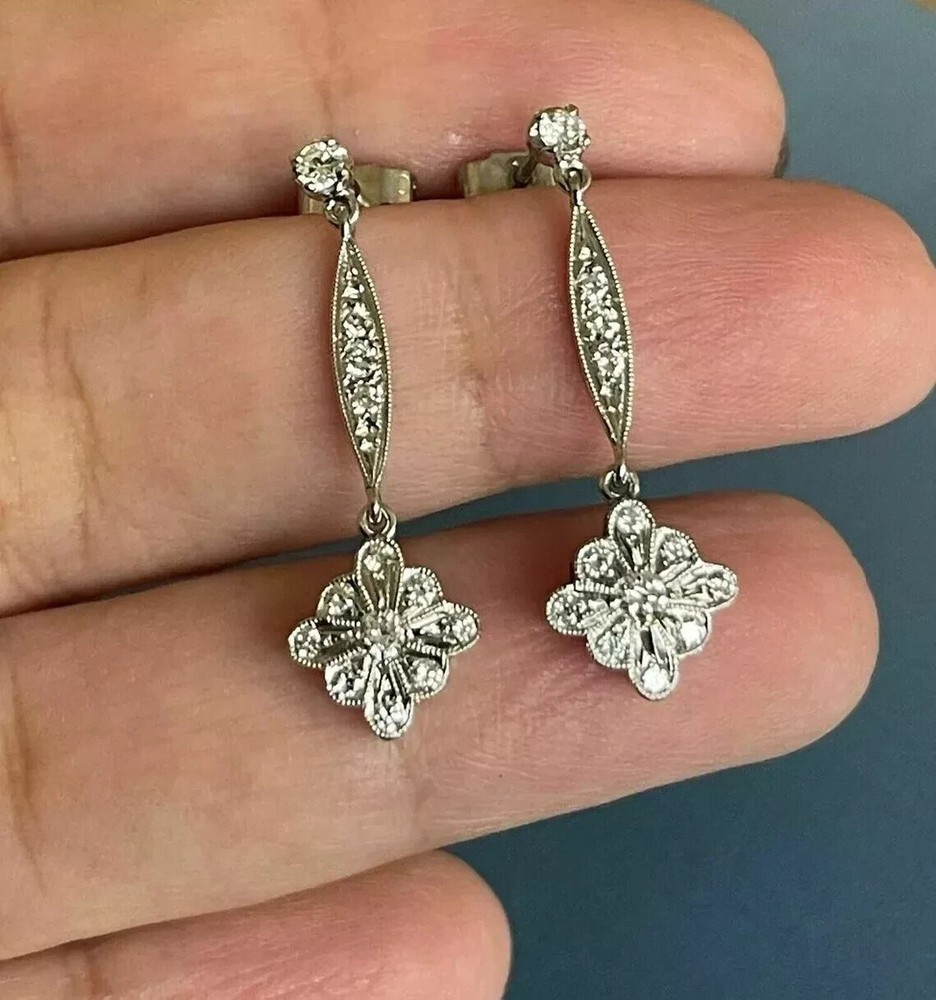 Art Deco Style Round Lab Created Diamond Anniversary 14K White Gold FN Earrings