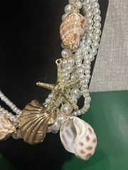 Gold Tone Metal Faux Pearl Real Sea Shells Gold Tone Starfish Bib Necklace