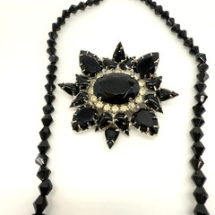Vintage Brooch Necklace Set Black Glass Clear Rhinestones