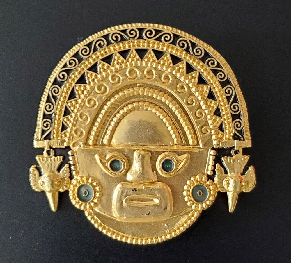 VINTAGE 18KT GOLD PLATED ENAMELED PERUVIAN INCA WARRIOR IMAGE PENDANT BROOCH