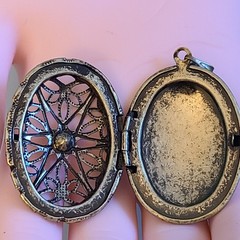 SALE Vintage Gothic Locket Pendant Red Glass Stone Spiderweb Filigree Starburst
