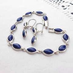 Retro Liz Claiborne Navy Blue Lucite 7.5″ Bracelet 1.25″ Earring Set Silver Tone