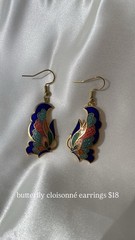vintage gold tone cloisonné butterfly dangle earrings on fish hooks