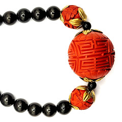 Asian Chinese Inspired Red Carved Cinnabar Black Onyx Bead Beaded Necklace 33 In