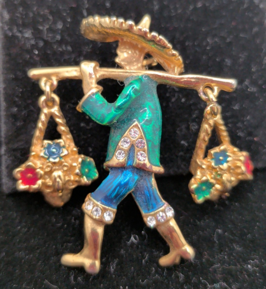 Vintage Articulated Asian Flower Carrier Brooch Gold Tone Flower Basket