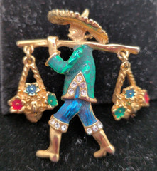 Vintage Articulated Asian Flower Carrier Brooch Gold Tone Flower Basket