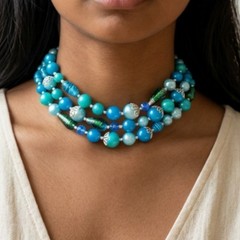 Vintage 3 Strand MCM Art Glass Lucite Bead Necklace Aqua Teal Blue 1950s-1960s