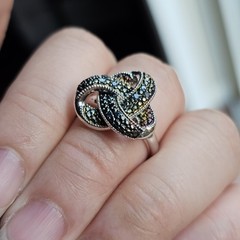 Sterling Silver Wide Band Ring – Wavy Pavé Black Stone Design Size 7 – 8.7 g