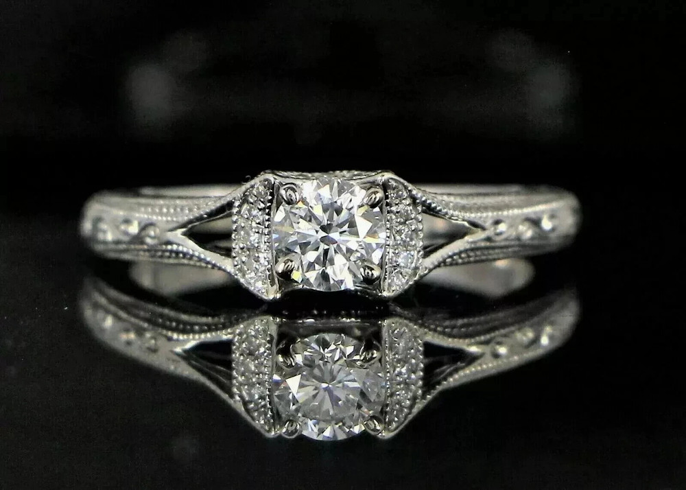 Art Deco Vintage 2Ct Round Cut Lab Created Diamond 14K Gold Over Engagement Ring