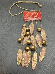 Vintage Lady Face Egyptian Revival Red Huge Waterfall Fringe Dangle Necklace 18”