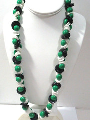 Long Beaded Handcrafted Necklace Green White and Black Buttons Great Design