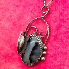 Sterling Silver Old Pawn 925 Necklace Pendant Southwest Moss Agate Oval Leaf 24″