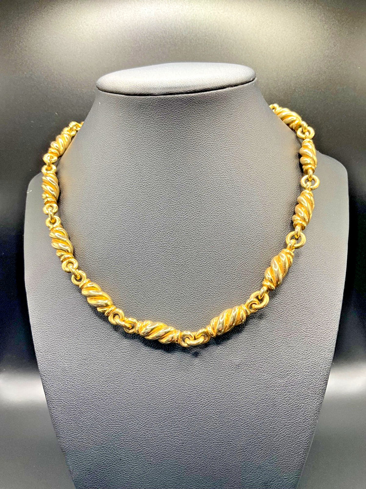Vintage Gold Tone Twisted Barrel Link Necklace Chunky Statement Necklace