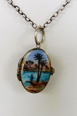 Deco Silver Gilt 800 Egyptian Revival Enamel Moses Basket Locket Pendant 1920s