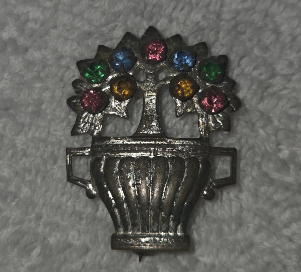 Vintage Silver Tone Flower Basket Brooch Pin Multicolor Rhinestones
