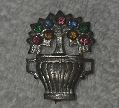 Vintage Silver Tone Flower Basket Brooch Pin Multicolor Rhinestones