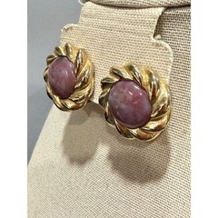 Earrings Pink Glass Cabochon Gold Tone Vintage Twisted Rope Border Clip On Post