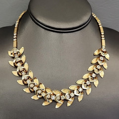 Vintage Linked Necklace Fold Over Gold Tone Textured Clear Rhinestones 16″