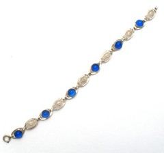 Sapphire Blue Glass Bracelet Sterling Silver 7.25″ Long Vintage Filigree Jewelry