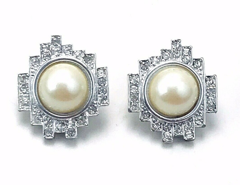 Vintage Silver Tone Monet Pearl Channel Set Rhinestone Clip On Earrings