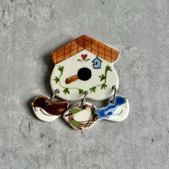 Vintage Costume Ceramic Bird House Dangling Pin Brooch Artsy Folk Whimsical Art