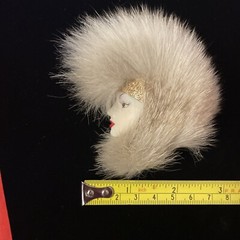 Vintage 1980’s Art Deco Style Lady Profile Brooch Fur Mohawk White Face Eyeliner