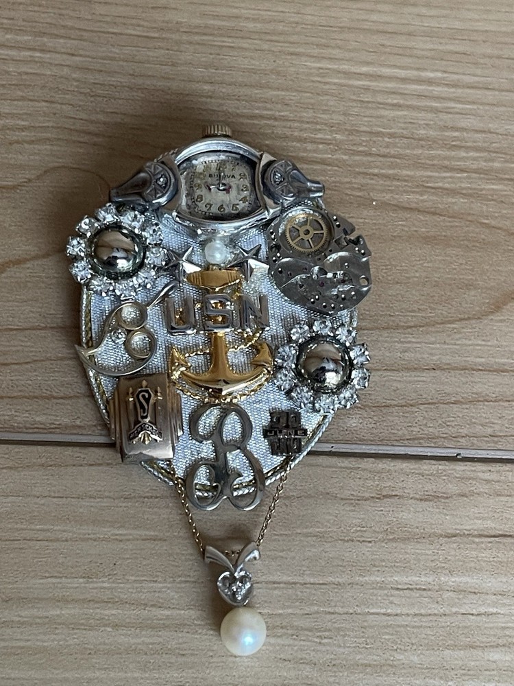 Vintage US Navy USN Anchor Brooch Rhinestone Bulova Watch Assemblage Pin 3”