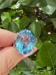VINTAGE LARGE OVAL CUT BLUE TOPAZ SOLITAIRE RING 925 STERLING SILVER STATEMENT