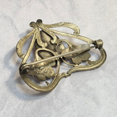 Antique Art Nouveau Pressed Metal Brooch Facetted Cabachon Floral Heart Shape