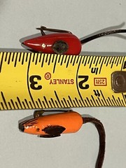 Lot of 2 Vtg Small Wood Mouse Mice Pins Brooches Leather Ears Tail Red & Orange