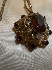 Vtg Mid Century Germany Amethyst Purple Crystal Rhinestone Pendant Necklace