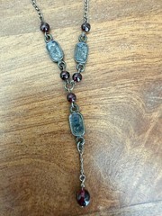 Vintage KC 925 Sterling Silver Garnet Marcasite Y Drop Lavalier Necklace