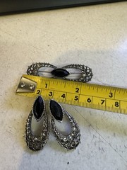 Vintage Filigree Brooch Earring Set Black Stone Bow Look Silver Tone