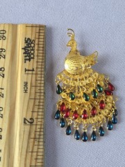 Vintage Peacock Gold Tone Floating Gem Filigree Pendant Brooch Articulated