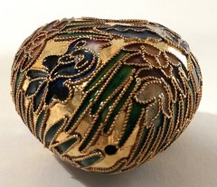 Gold Tone Metal Cloisonne Enamel Puffy Heart Shaped Pendant or Ornament With Box