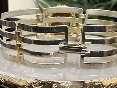 Vintage Large Prong Faux Fire Opal Bracelet Gold Silver Tone Wide Panel Links