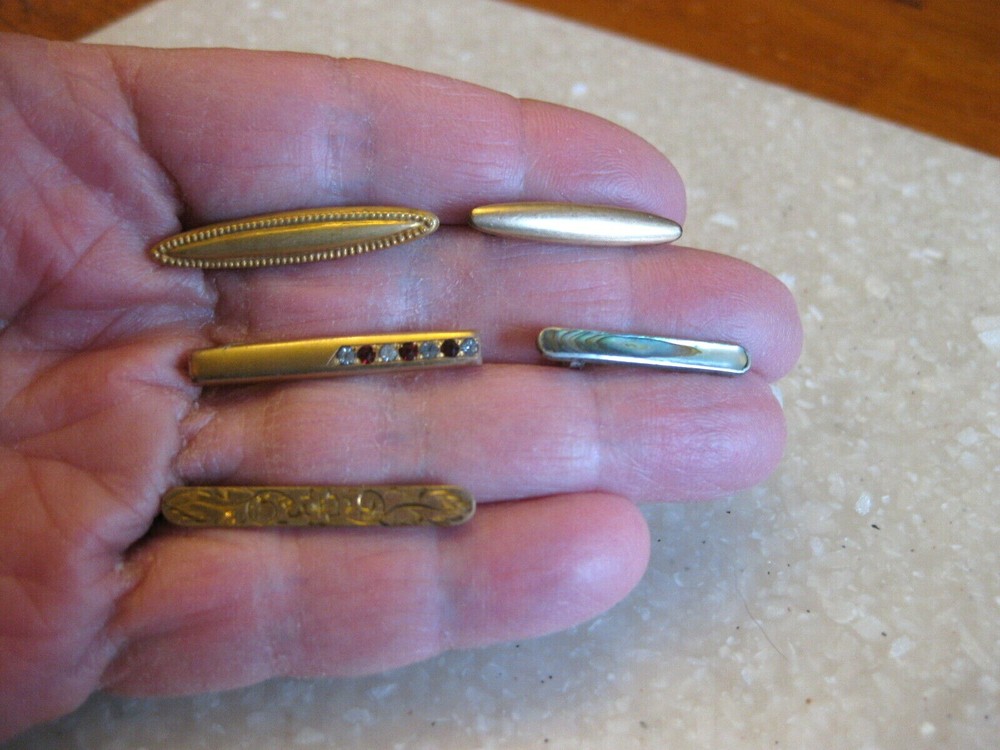 Lot 5 Antique Bar Pins Gemstones? Shell, Etched Floral, Solid Gold Top