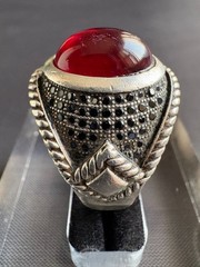 Vintage 925 Sterling Silver Red Agate & Black CZ Accents Ring Size 11.25 US