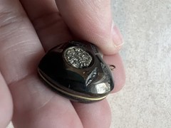 Antique Victorian Whitby Jet Inset Pyrite Puffy 3-D HEART Charm Pendant Fob H5