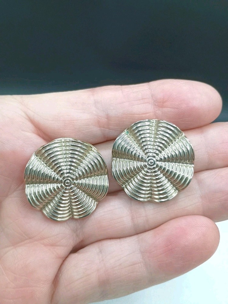 Art Deco Revival Clip On Earrings Fan 3D MCM Vintage Round Silver Tone 1″