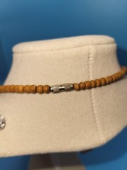 Fine Carved Large Wood Teardrop Pendant on Wood & Metal Bead Necklace