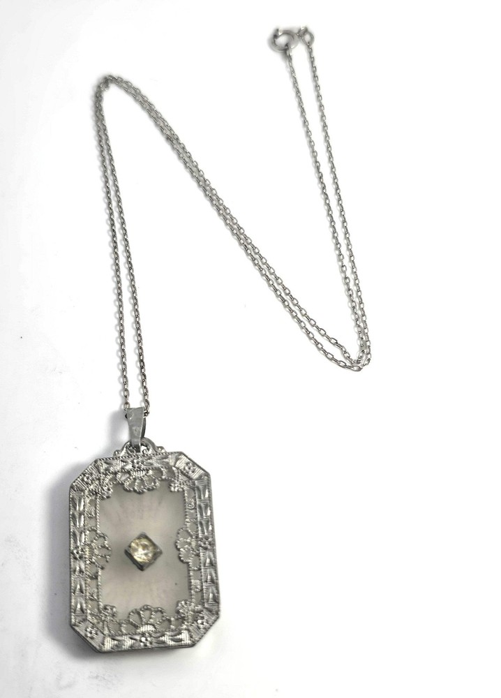 Camphor glass rhodium plated filigree vintage pendant necklace