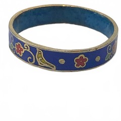 Vintage Cloisonne Enamel Boho Floral Band Ring Blue Gold Tone Size 7.5 Stackable