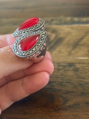 Marcasite Sterlling Silver Chunky Double Stone Garnet Ring Size 8