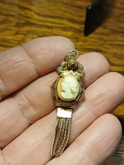 Antique Gold Filled Old/Young Cameo Necklace Double Sided Pendant & Earrings SET